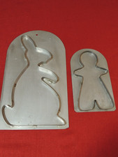 Vintage 10" Folk Art Tin Gingerbread Man & 16" Bunny Rabbit Cookie Molds, Easter