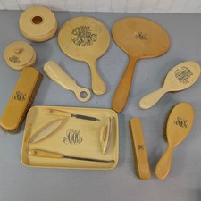 Antique Pyralin Ivory Celluloid Vanity Set 14pc Monogrammed French Art Deco Vtg