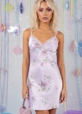 Vtg Y2K Secret Treasures S Pink Blush floral Satin Coquette Baby Doll slip dress
