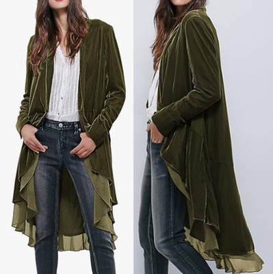 R Vivimos Velvet Long Blazer Jacket Womens Sz XL Asymmetric Ruffled Olive Green