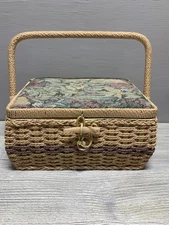 Vintage Singer Sewing Basket Floral Woven Handle Organizer Box Storage Tan Lid