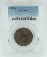 1826 PCGS F12 Large Cent Coronet Head