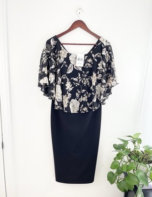Connected Apparel 8 Black Floral Cape Knee Length Sheath Dress Women s 8 New 