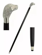 Dog Head Handle Brass Wood Cane Designer Silver Finish Wooden Walking Stick