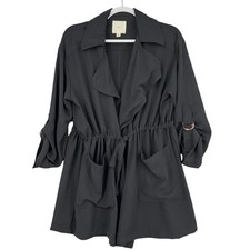 TGLA Black Drawstring Waist Trench Coat Jacket Collared Roll Tab Sleeve Medium