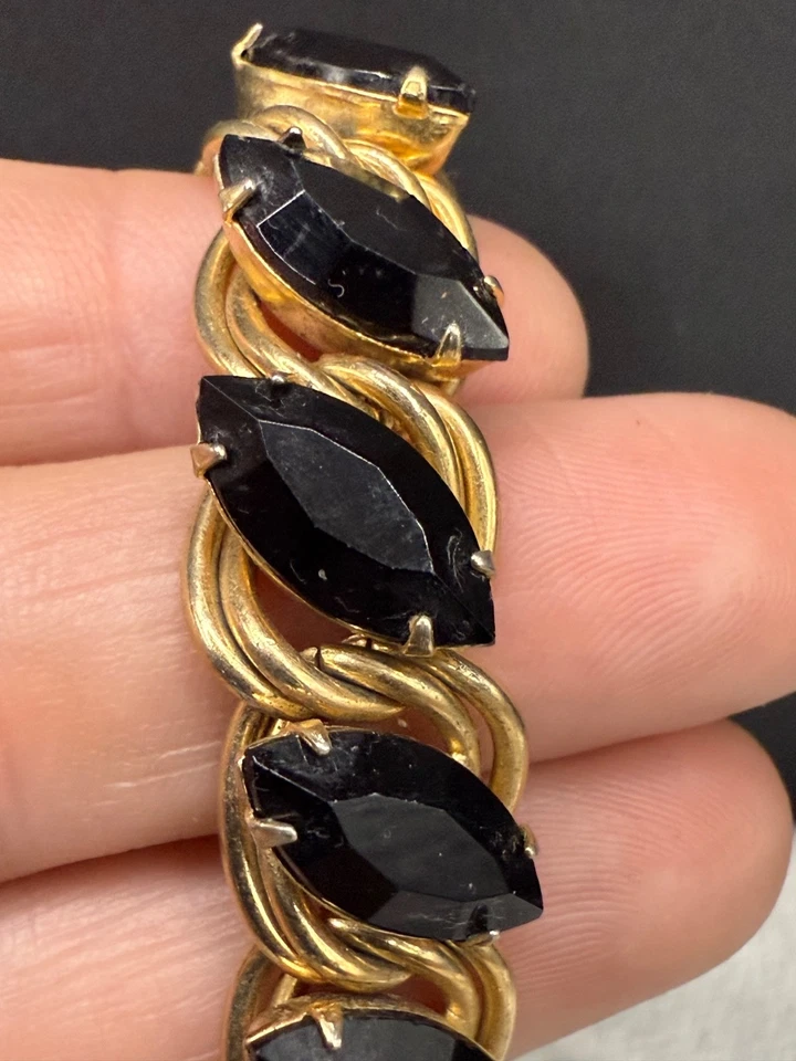 "Pulsera vintage estrás negro tono dorado talla 7""" Foto 3 de 4