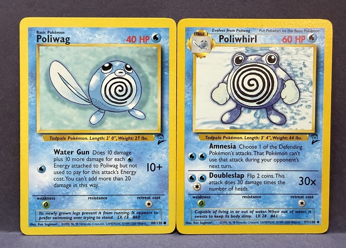 Pokemon TCG: Poliwag 88/130 & Poliwhirl 57/130 Base 2- LP- WOTC 