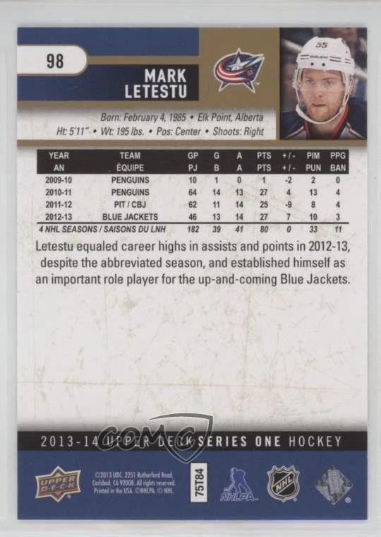 2013-14 Upper Deck UD Exclusives /100 Mark Letestu #98 - Image 2 of 2