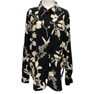 H&M Women's Button Up Blouse Sz L Black Ivory Floral Career Business Office