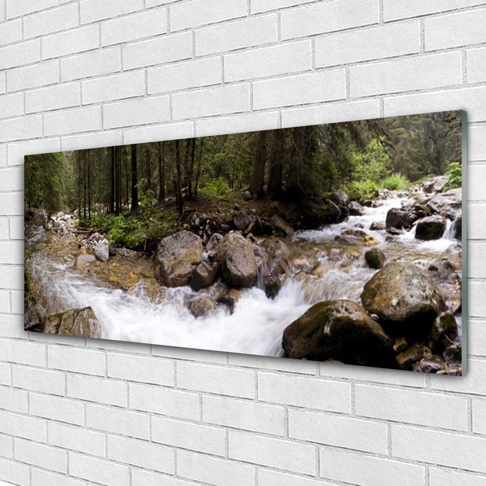 Tableau en verre 125x50 cm Nature et Forêt avec Ruisseau pour décoration murale de salon