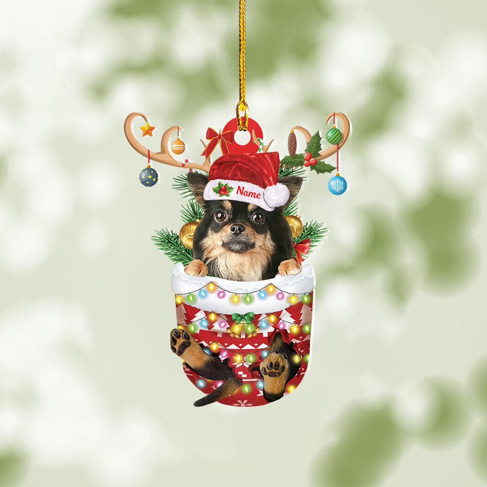 Personalized Chihuahua Long Haired Dog In Snow Pocket Christmas Ornament  decor