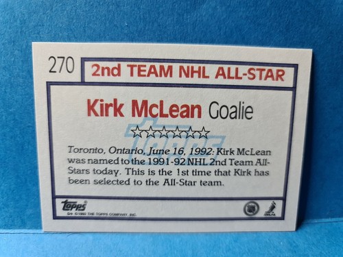 KIRK McLEAN🏆1992 Topps Picture Cards #270 "ALL STAR" NHL HOCKEY CARD🏆FREE POST - Imagen 2 de 2