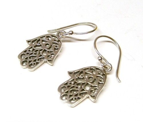 925 Sterling Silver Filigree Hand of Fatima Drop Earrings - Hamsa Hand 26 x 11mm - Picture 3 of 8