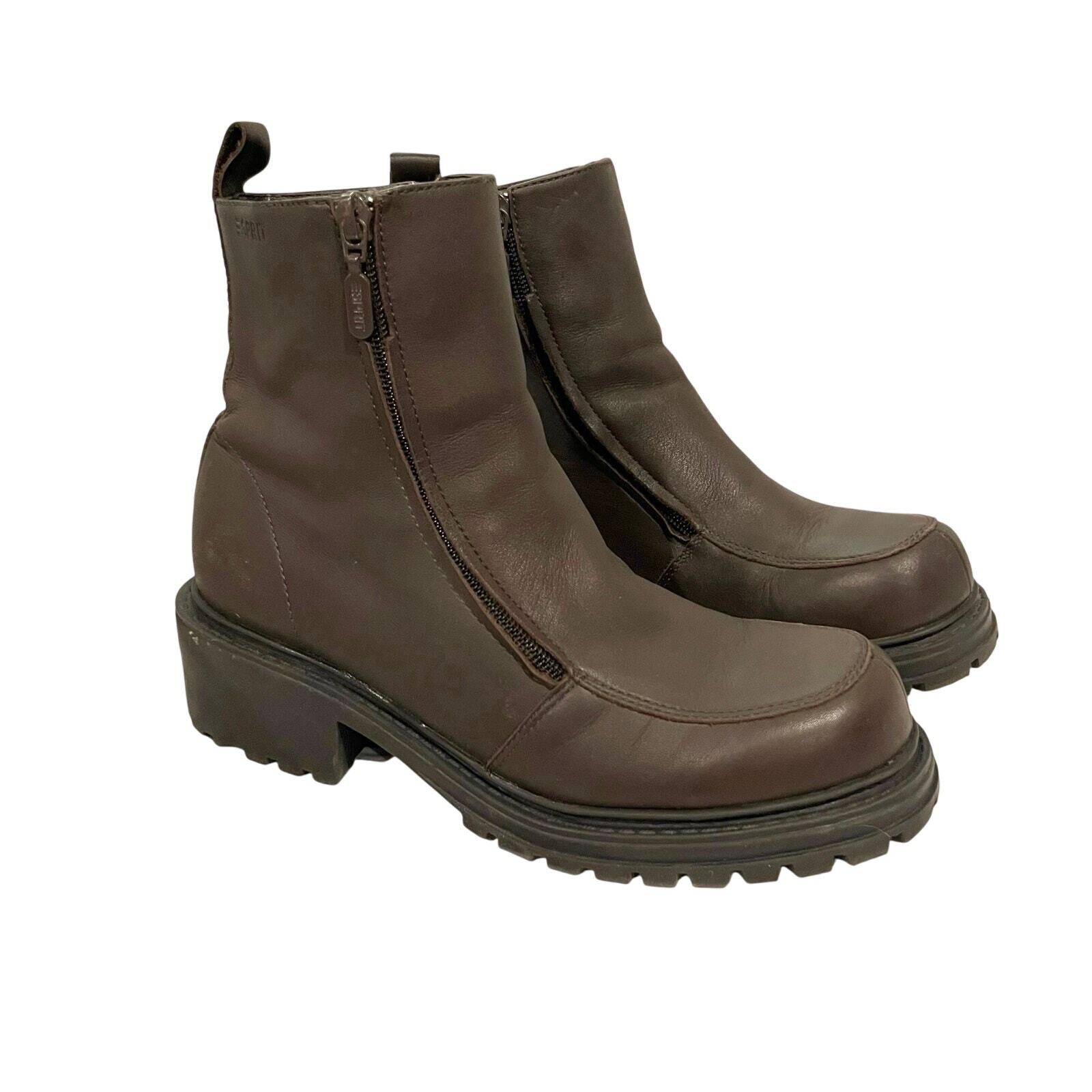 Esprit Brown Leather Ankle Boots Size 8 80s 90s Y2K Double Zip Chunky Lug Sole