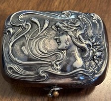 Antique Late 19thC Art Nouveau Woman Silverplated Hinged Traveling Soap Box