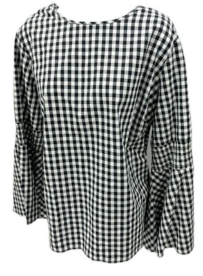 2X Zac Rachel Gingham Plaid Black White Shirt Top Blouse