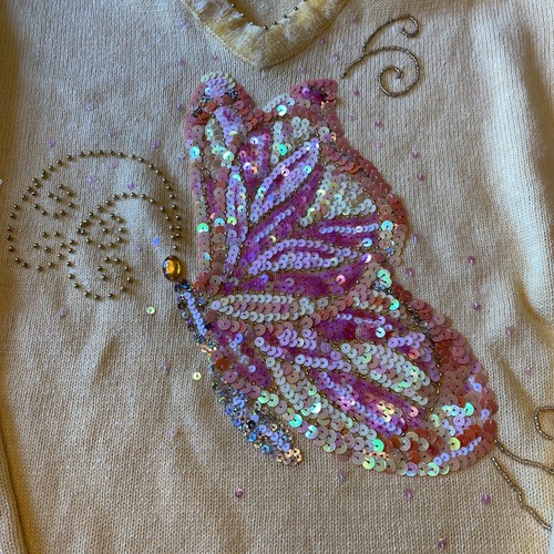 Quacker Factory Large Yellow Sweater magical jeweled pink butterfly bling! - Picture 2 of 6