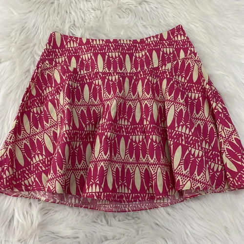 HM womens 100% linen geo pattern pink flare skirt size 8 side zip