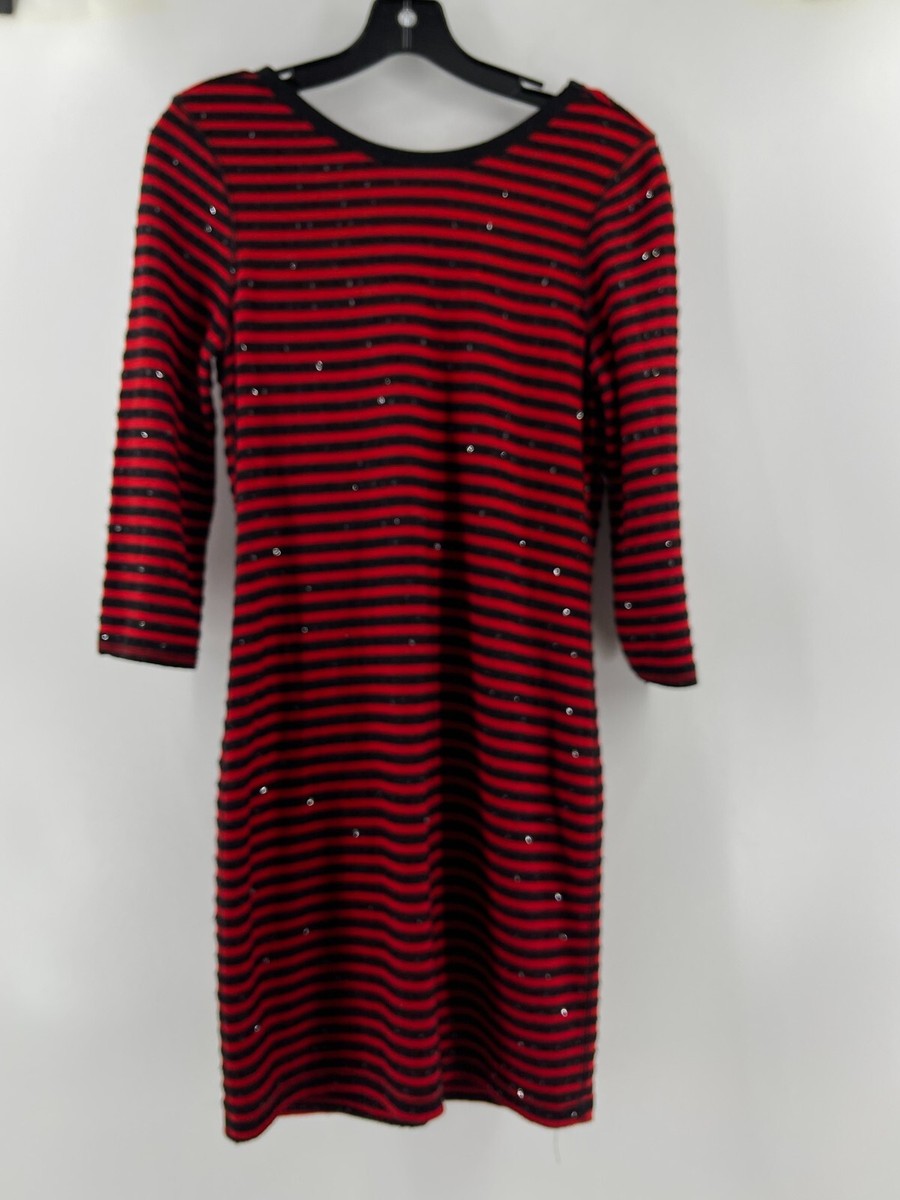 Express Women's Long Sleeve Black Red Striped Knit Sequin Sweater