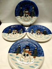 4 Holiday Season Tabletops Unlimited Snowman & Winter Scene 10.5" Dinner Plates