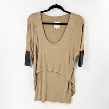 ✅ MICHELLE MASON Tan Lamb Leather Detail 3/4 Sleeve Top SIZE SMALL SCOOP NECK