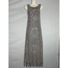 Vintage Harlow Dress Gray Lace Mesh Sleeveless Maxi Dress 8 Fringed Gatsby Party