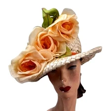 VTG 1950s Gwenn Pennington Straw Hat Peach Roses Garden Party Floral Chic