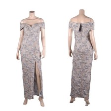NWT Xscape Gray Floral Lace Sequin Side Slit Party Dress Sz 16 Wedding Mom Bride