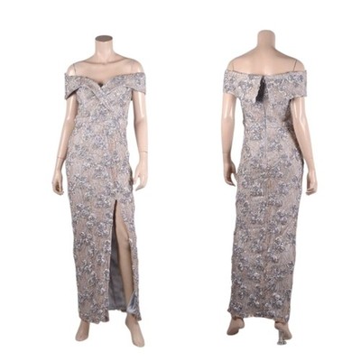 NWT Xscape Gray Floral Lace Sequin Side Slit Party Dress Sz 16 Wedding Mom Bride