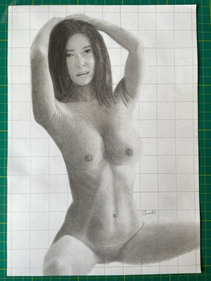 Original Kohle & Bleistift A4 Zeichnung: Akt weibliches Model nackt Pinup #2, Realismus