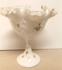 Fenton,Silvercrest Ruffled Top Pink flowers Compote, signed C. Shaffer!