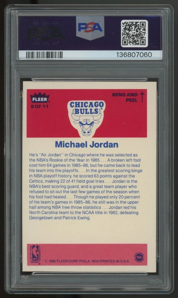 MICHAEL JORDAN " 1986 " FLEER STICKER #8 PSA 6 " ROOKIE " 1-538  $$$ view 6