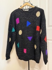 Vintage Rafaella Black & Multi-Color Geometric Sweater Angora Lambswool Size M