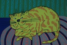 Beautiful Illegibly Signed Lithograph of a Colorful Grinning Yellow Cat
