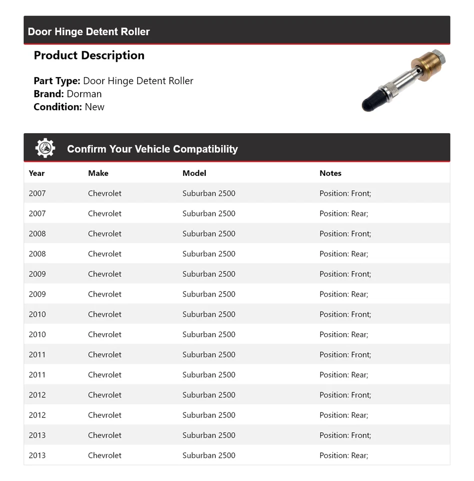 For 2007-2013 Chevrolet Suburban 2500 Dorman Door Hinge Detent Roller 2008 2009 - Image 2 of 4