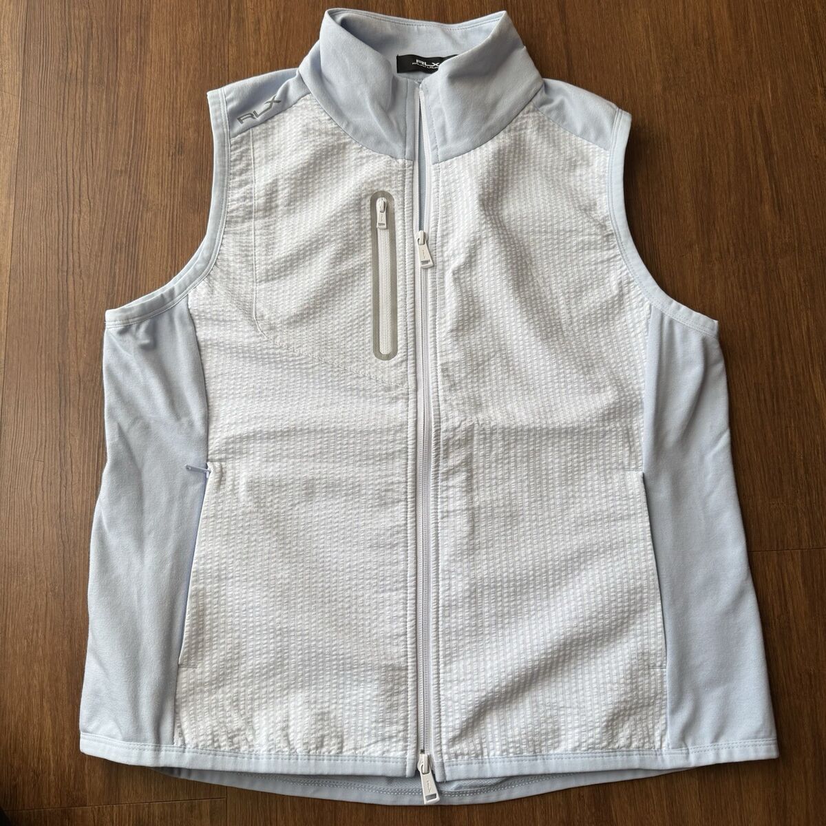 RLX Golf Ralph Lauren Vest Women Large Seersucker Blue White RLX Golf Ralph Lauren Vest Women Large Seersucker Blue White