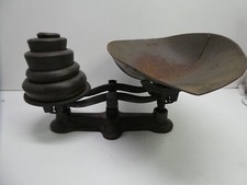 ANTIQUE BALANCE SCALES CAST IRON TIN TRAY SCOOP DISH AND WEIGHTS