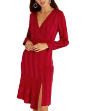 Red Wrap Midi Dress 10 Long sleeve Party  Occasion Skater Fit Flare Wedding Prom