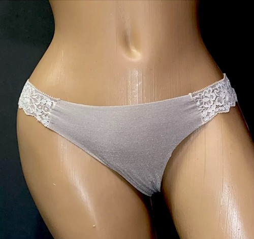 VICTORIA'S SECRET SMALL Taupe & White LACE VINTAGE PINK THONG PANTIES Nylon - Picture 1 of 13