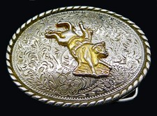Western Rodeo Cowboy Bull Rider Ornate Scroll Small Ivan Vintage Belt Buckle