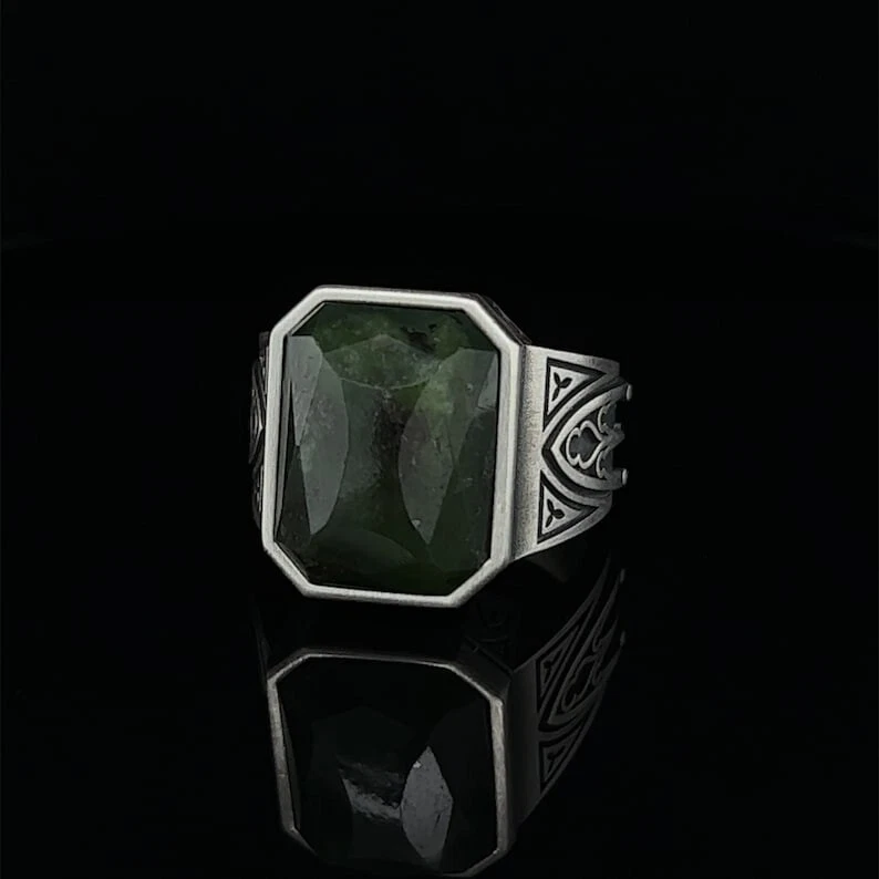 复古玉宝石男式戒指,纯银戒指复古印章戒指 — 第 4/4 张图片