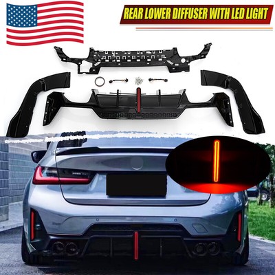 For 2023 2024 BMW 3Series G20 LCI Rear Lower Diffuser with LED Light Gloss Black