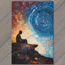 Art Print Silhouette of Man Fishing Cosmic Spiral Sky Vibrant Abstract Display