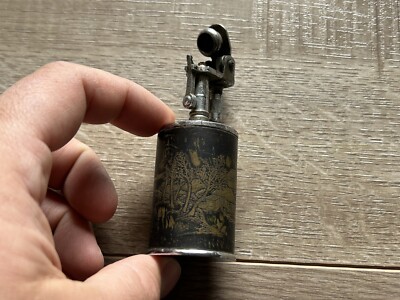 Rare Vintage Etched Design Japanese Motif Cigarette Lighter Barrel Style