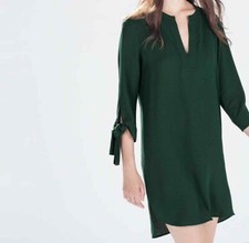Zara Woman Split Neck Shift Crepe Dress w/ Tie Sleeve in Dark Green Size S Small