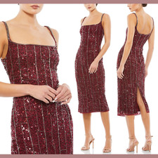 NEW $398 Mac Duggal [ 14 ] Beaded Spaghetti Strap Midi Slip Dress Burgundy G1798
