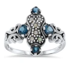 GENUINE LONDON BLUE TOPAZ & PEARL VICTORIAN STYLE 925 STERLING SILVER RING  042z