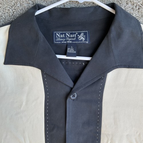 Nat Nast Bowling Hemd Herren Large schwarz beige creme Knopfleiste 100% Seide Freizeit - Bild 2 von 9