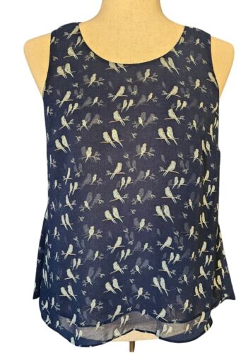 Cabi #3447 Chirp Bird Print Women's Sleeveless Blouse Navy Blue Size XS