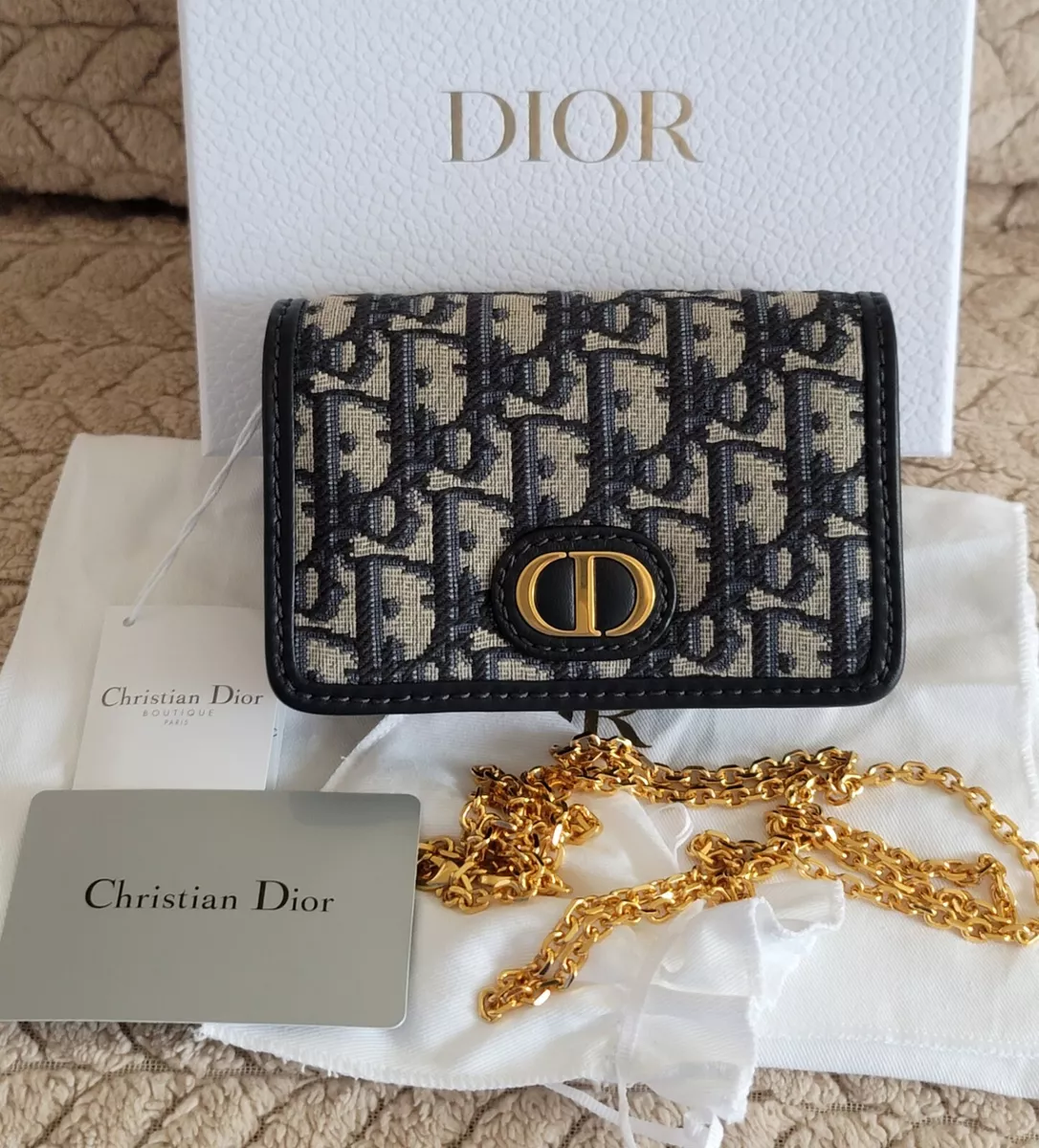 DIOR POUCH WALLET CARD HOLDER BAG BLUE COLOR EBROIDERED FABRIC GOLD LONG  CHAIN